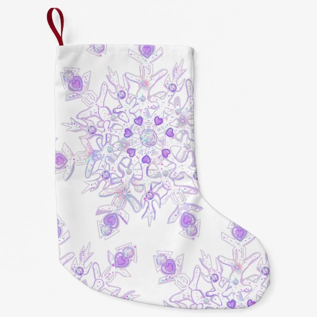 light purple snowflake & glittering heart small christmas stocking (Front)
