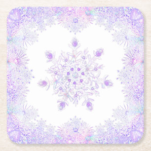light purple snowflake & glittering heart square paper coaster