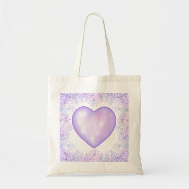 light purple snowflake & glittering heart tote bag (Front)