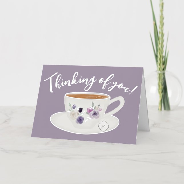 Light Purple Teacup Floral Thinking of You Real Foil Greeting Card (Front)