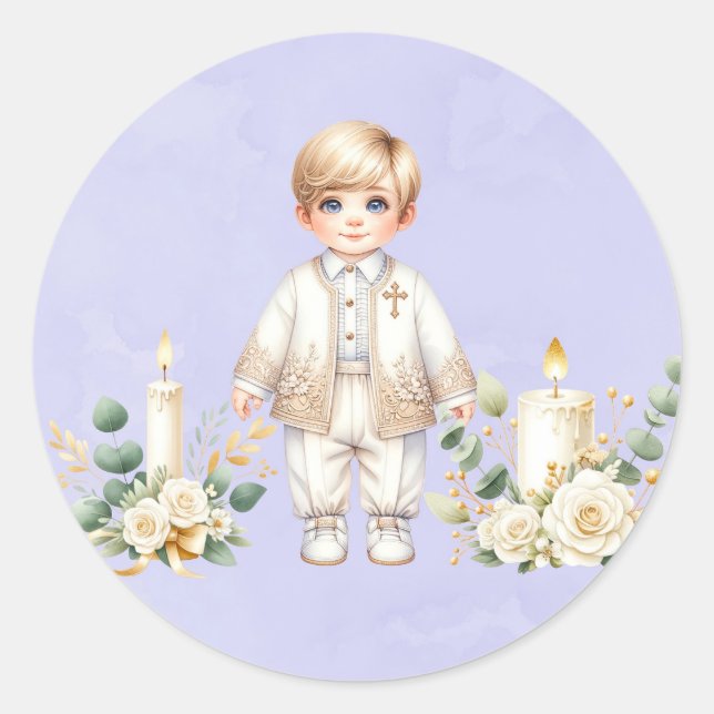 Light Purple Watercolor Boy Baptism  Classic Round Sticker (Front)