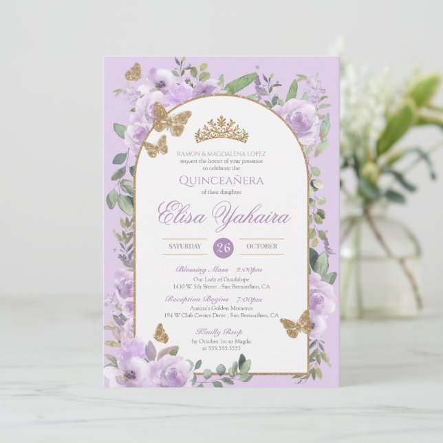 Light Purple Watercolor Gold Butterfly Quinceanera Invitation (Standing Front)