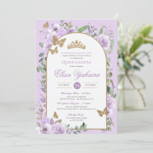 Light Purple Watercolor Gold Butterfly Quinceanera Invitation