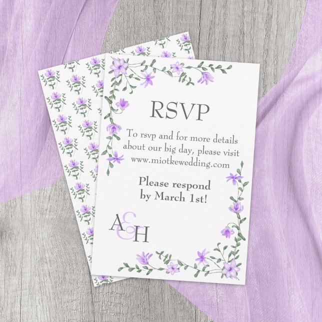 Light Purple Wedding RSVP Card (purple, lavender, light blue mixed floral patterns, rose vines, bouquets wedding rsvp enclosure card)