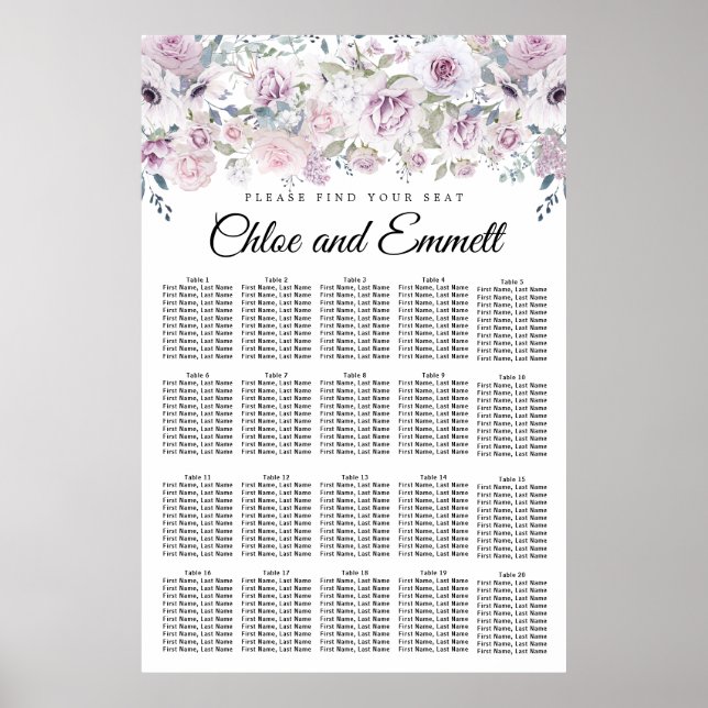 Light Purple White Floral 20-Table Seating Chart (Front)
