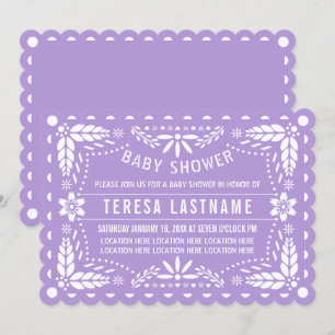 Light purple, white papel picado baby girl shower invitation