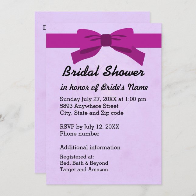 Light Purple with Heart & Purple Bow Bridal Shower Invitation (Front/Back)