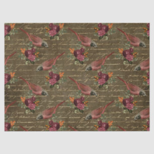 Light Red Birds and Flowers on Brown Decoupage Tissue Paper