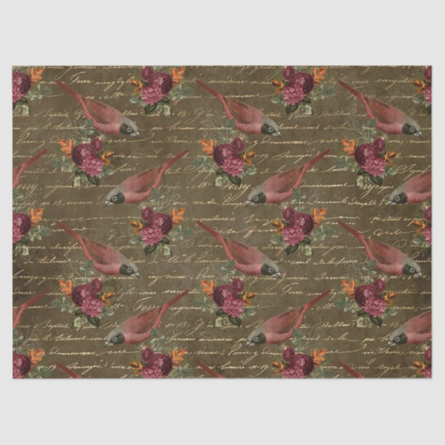 Light Red Birds and Flowers on Brown Decoupage Tissue Paper (Front)