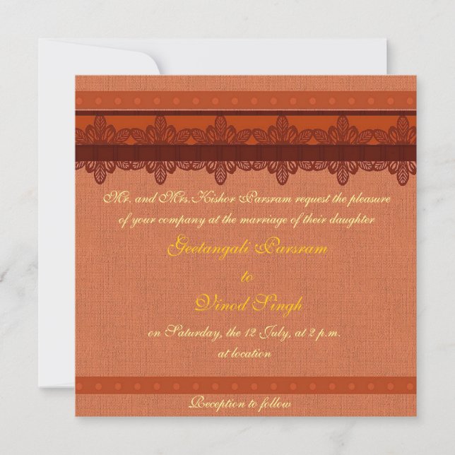 Light red brocade Hindu wedding Invitation (Front)