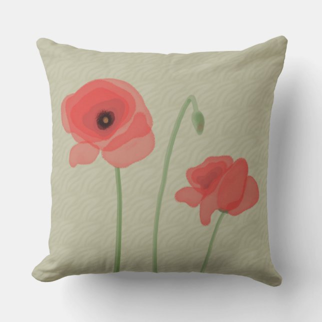 Light Red Poppies on Sage Green Wave Background Cushion (Front)