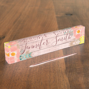 Light Rose Gold Rustic Wood Watercolor Floral Nameplate