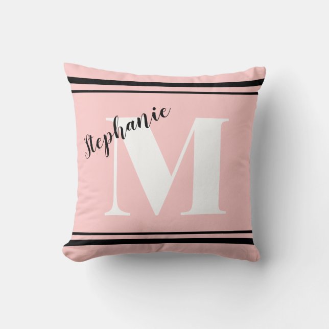 Light Rose Pink and Black monogrammed Cushion (Front)