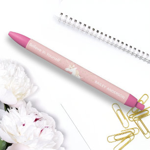 Light Rose Pink White Magical Unicorn Black Ink Pen