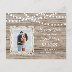 Light Rustic wood String Lights Save the Date Announcement Postcard