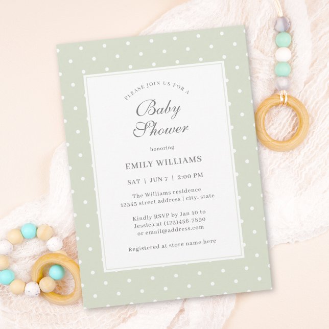Light Sage Green and White Polka Dots Baby Shower Invitation (Creator Uploaded)