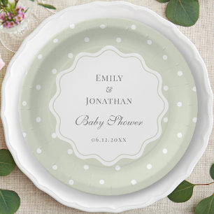 Light Sage Green and White Polka Dots Baby Shower Paper Plate