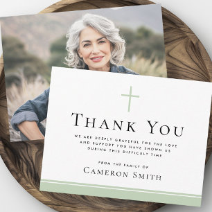 Light sage green cross funeral sympathy photo thank you card