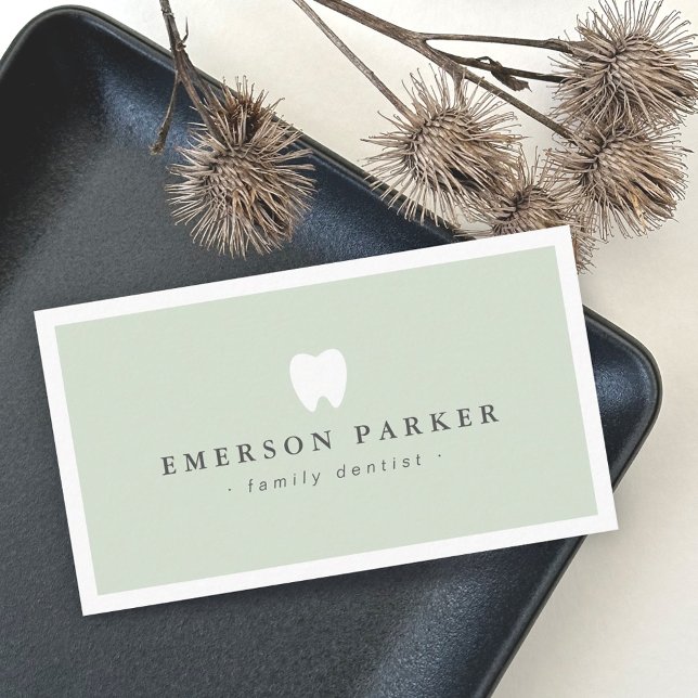Light sage green dentist tooth logo modern business card (Creator Uploaded)