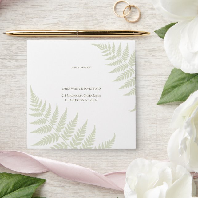 Light Sage Green Fern Addressed Square Wedding Envelope (Wedding)