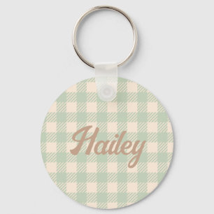light sage green  gingham checked plaid wedding key ring