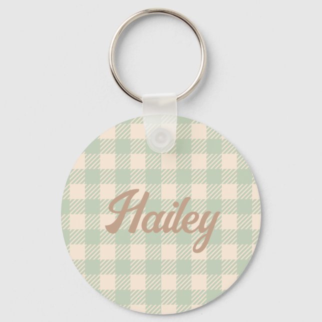 light sage green  gingham checked plaid wedding key ring (Front)