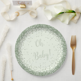 Light Sage Green Glitter Plate for Baby Shower