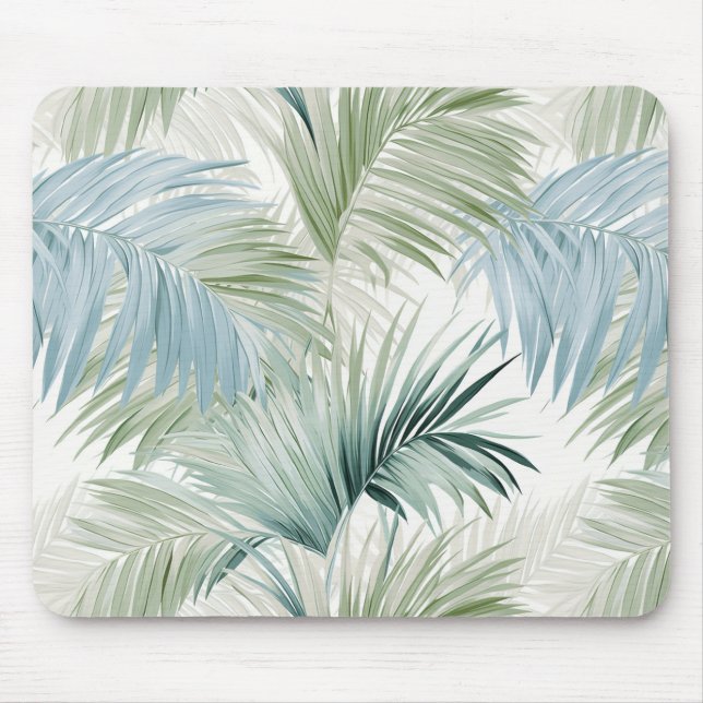 Light Sage Green Pale Blue Palm Leaves Patterned Mouse Pad (Front)