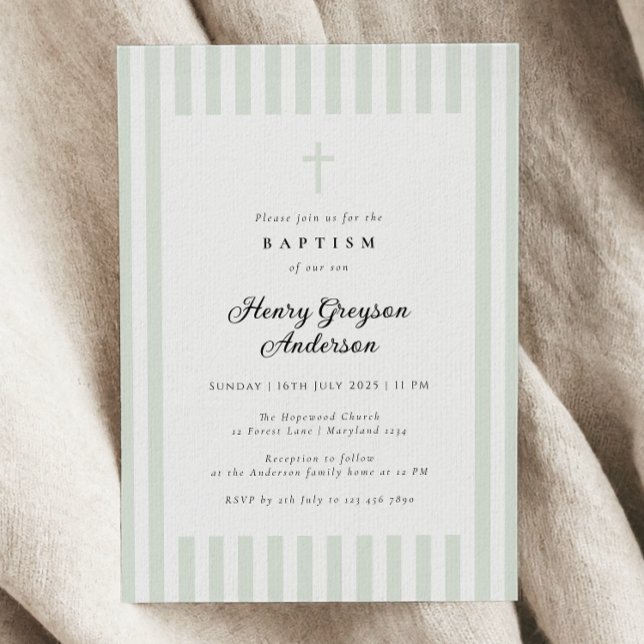 Light Sage Green Stripe Elegant Baptism Invitation (Creator Uploaded)