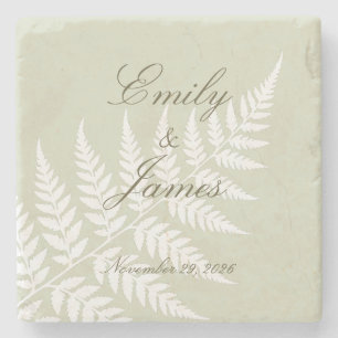 Light Sage Green White Fern Elegant Couple Names Stone Coaster