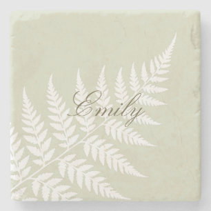 Light Sage Green White Fern Elegant Script Name Stone Coaster