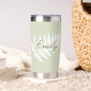 Light Sage Green White Fern Your Name Silver Insulated Tumbler