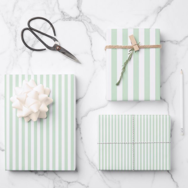 Light Sage Green & White Stripes Wrapping Paper Sheet (Front)