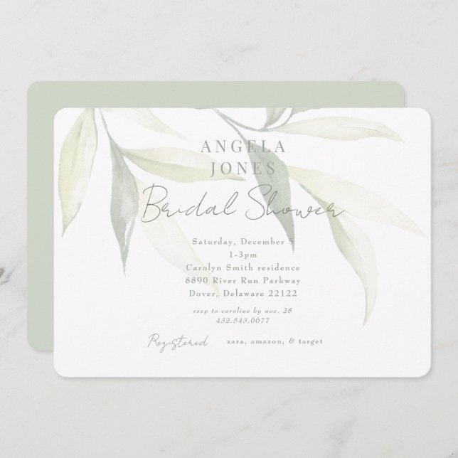 Light Sage Modern Botanical Modern Bridal Shower Invitation (Front/Back)