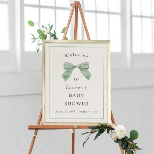 Light Sage Plaid Bow Elegant Baby Shower Welcome Poster
