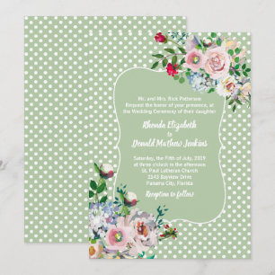Light Sage with White Dots and Flowers Wedding Invitation