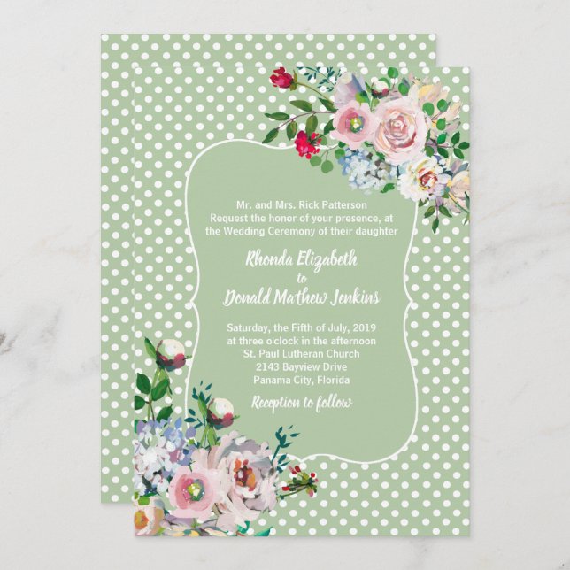 Light Sage with White Dots and Flowers Wedding Invitation (Front/Back)
