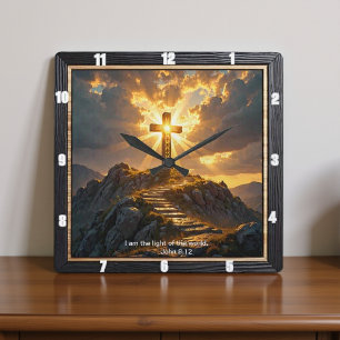 Light Salvation Cross Stairway Mountain John 8:12 Square Wall Clock