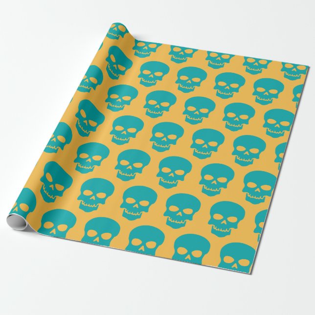 Light Sea Green on Yellow Skulls Wrapping Paper (Unrolled)