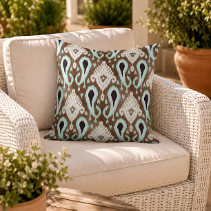 Light Seafoam Green Dark Brown Ikat Tribal Pattern Cushion