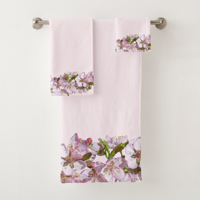 Light Shade of Pink with Spring Blossom Border Bath Towel Set (Insitu)