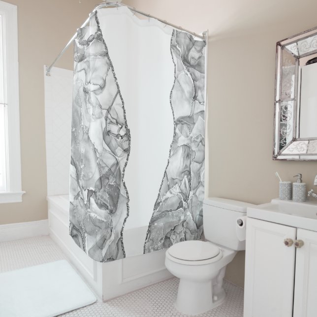 LIGHT SILVER MARBLE AGATE GLITTER GLAM SHOWER CURTAIN (In Situ)