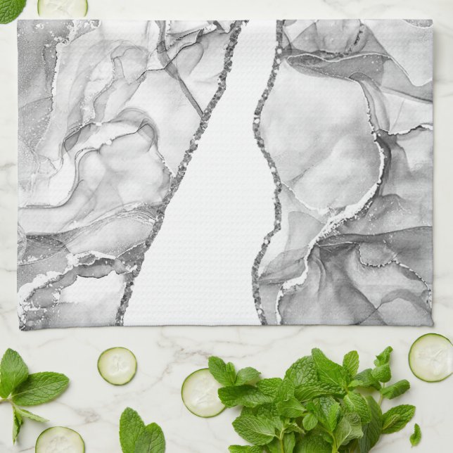 LIGHT SILVER MARBLE AGATE GLITTER GLAM TEA TOWEL (Folded)