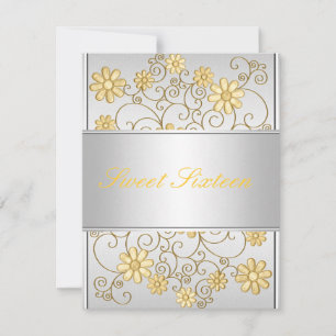 Light Silver Metal Yellow Flowers 16th Birthday Invitation