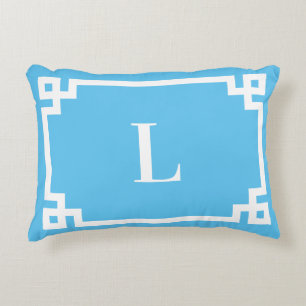 Light Sky Blue and White Greek Key Border Monogram Decorative Cushion