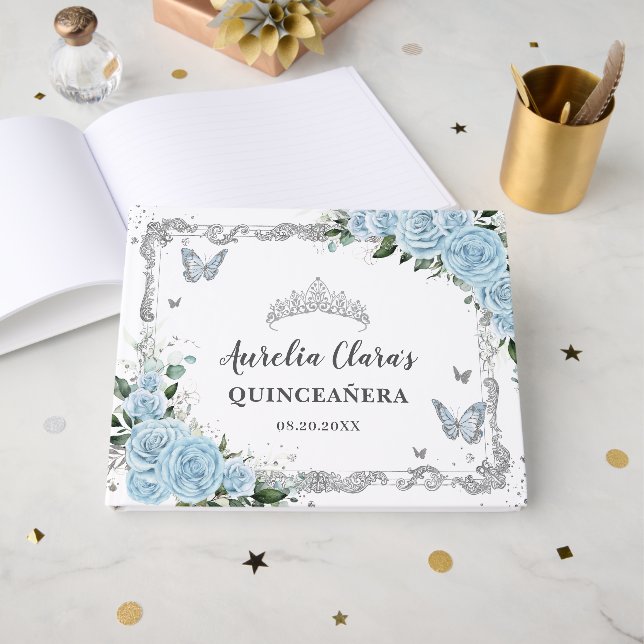 Light Sky Blue Floral Butterflies Quinceañera Guest Book (Front Open)