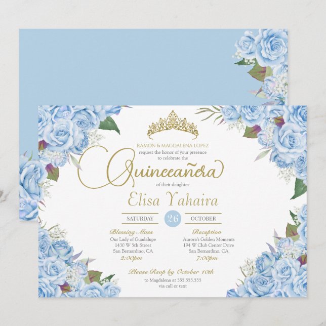 Light Sky Blue Rose Floral Gold Tiara Quinceanera Invitation (Front/Back)