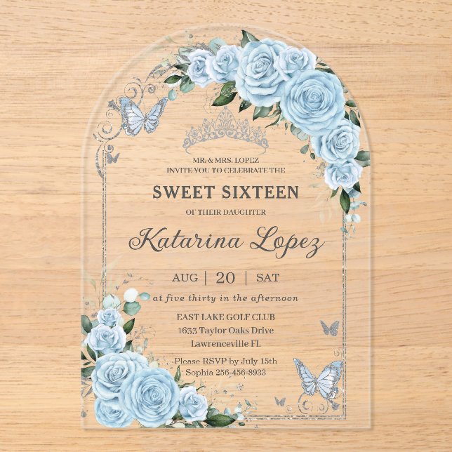 Light Sky Blue Rose Floral Sweet 16 15 Quinceañera Acrylic Invitations (Front)