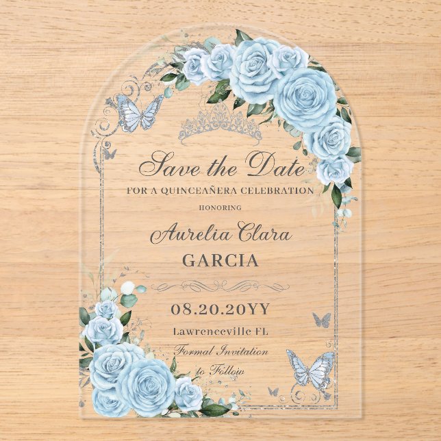 Light Sky Blue Rose Floral Sweet 16 15 Quinceañera Acrylic Invitations (Front)