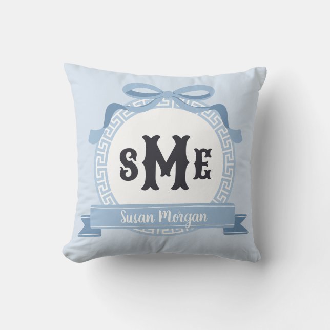 Light Slate Blue Reverse Greek Key Bow Monogram Cushion (Front)